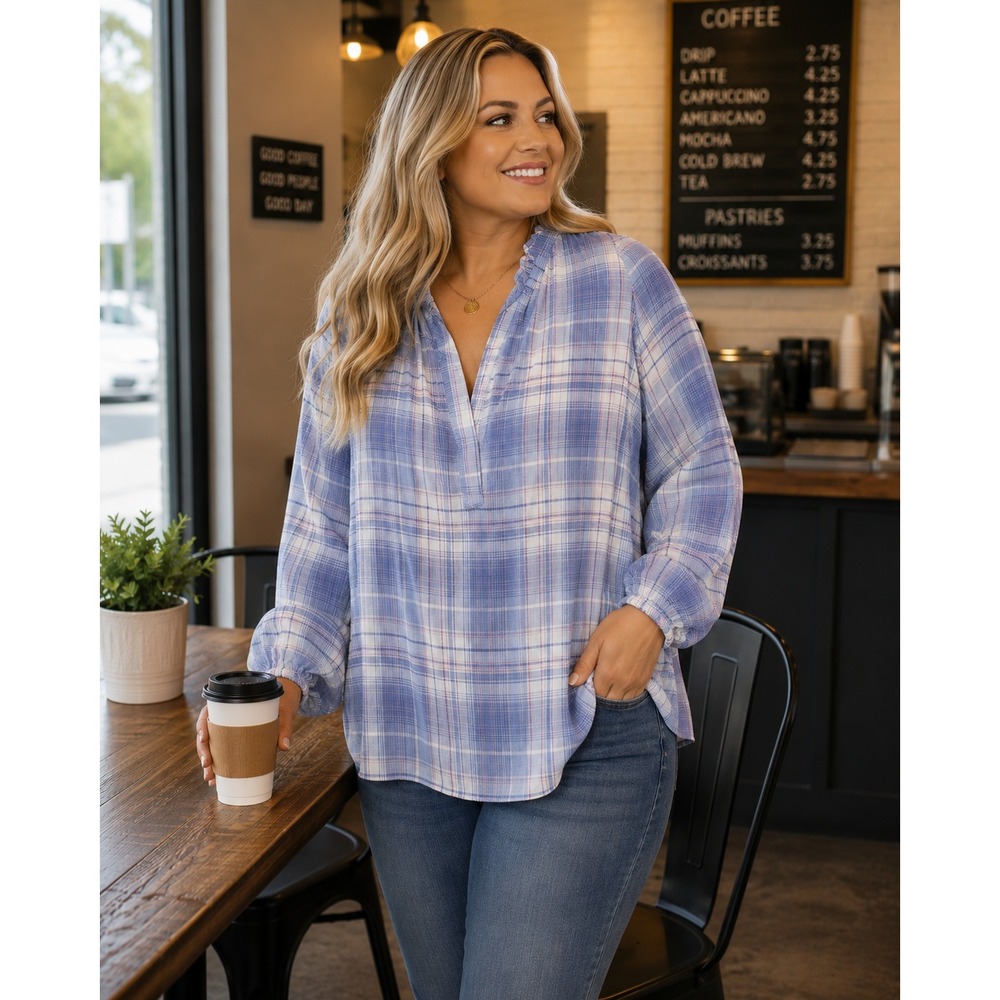 Intro Love the Fit Blue White Plaid Ruffle Neck Lyocell Blouse Top 2X NEW